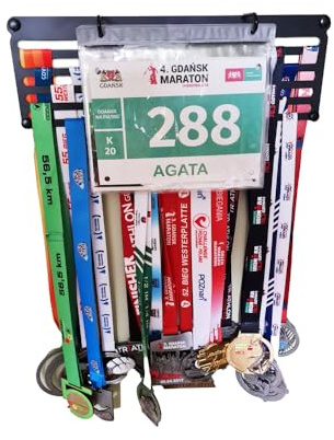 RUNGIFT Medaillenhalter Laufen 40×13 cm – Kompakter Metall Wandhalter mit Startnummernhüllen – Laufmedaillen Display – Geschenk für Läufer
