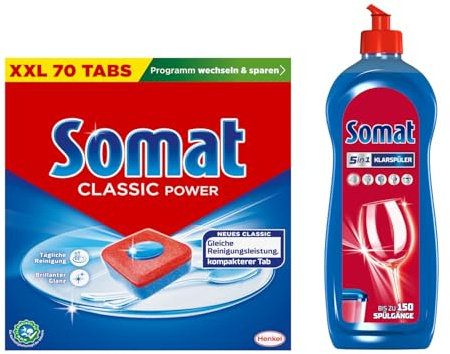 SOMAT Tabs 70 AW Classic Power, Geschirrspül Tabs mit Fettlösekraft für kraftvolle Reinigung, für strahlend sauberes Geschirr + Somat Duo Power Experten Klarspüler 750ml