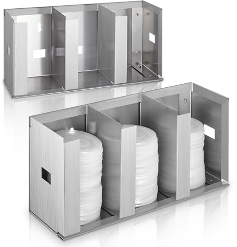 Hicarer 3 Fächer, Edelstahl-Tassenspender mit verstellbaren Trennwänden, silberfarbener Tassen- und Deckelhalter, Deckelhalter, Organizer, Aufbewahrung für Schrank, Küche, Café, Teeshop, Restaurant