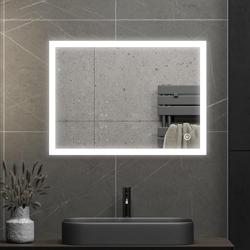 WDWRITTI LED Badspiegel mit Beleuchtung 60x80cm Badezimmerspiegel, 80x60cm Wandspiegel 3 Lichtfarbe 3000-6500K Kaltweiß Neutral Warmweiß, Badspiegel Badezimmer Spiegel mit Touch-Schalter