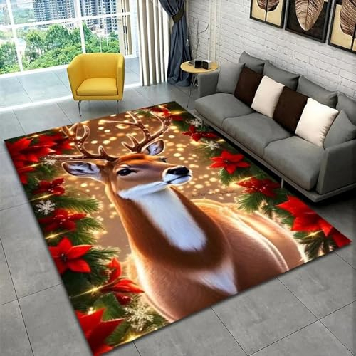 3D Gedruckt Bettvorleger rutschfeste Area Teppich,Weihnachtstier Elch 3D Optische Illusion Teppiche Weich Flanell Bodenteppich Wohnzimmer Schlafzimmer Throw Runner Teppiche Low Profile Türma -2I9X1C7