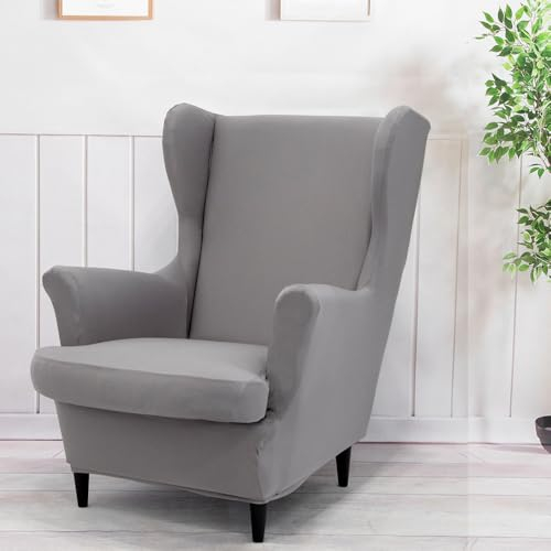 Highdi 2-Teilig Ohrensessel Überzug, Einfarbig Sesselüberwürfe Ohrensessel Schonbezüge Bezug Elastisch Sesselhusse Sesselbezug Tiger Stuhlbezug mit Armlehne Hohe Rückenlehne (Hellgrau)