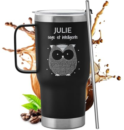Maverton Mug Isotherme Personnalisé Noir 600 ml en Inox | Avec Paille Brosse de Nettoyage et Boîte, Chaud 6h/Froid 10h, Cadeau Anniversaire Homme Femme Couple, Mariage, Noel