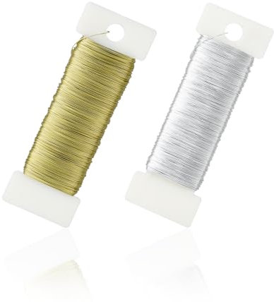 AiQInu 2 Rollos Alambre para Manualidades – Alambre para Joyería, Alambre Artesanal de Metal, 50m, Ø 0,35mm, Fácil de Doblar, Ideal para DIY, Jardín y Decoraciones (Oro, Plata)