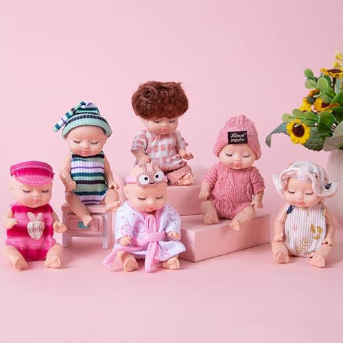 SQAQS 6 Pcs Mini Reborn Dolls, Mini Silicone Baby Doll Tiny with Animal Clothes, Lifelike Tiny Sleeping Rebirth Dolls 4.3 Inch, Realistic Newborn Baby Doll for Girls Boys Kids Gift (At home)