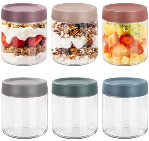 FoiiLiio 6 Tarros de Cristal con Tapa,300ML Overnight Oats Jar,Tarros de Avena Nocturna con tapa de rosca,Mason Jars Tarros de Yogur,tarros de Comida Preparada para yogur,cereales, gachas