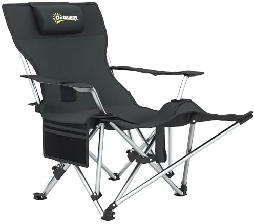 Outsunny Chaise de Camping Pliante, Fauteuil de pêche avec Repose-Pied Amovible, Appui-tête, Porte-gobelet et Sac de Transport, Chaise Longue pour extérieur Plage, Pique-Nique, Noir