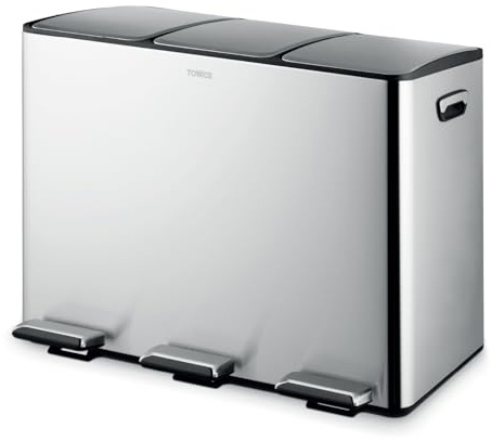 Tower T838021SS Pattumiera a pedale per il riciclaggio, tre scomparti da 15L con secchi interni rimovibili, corpo in acciaio al carbonio, 45L, acciaio inossidabile