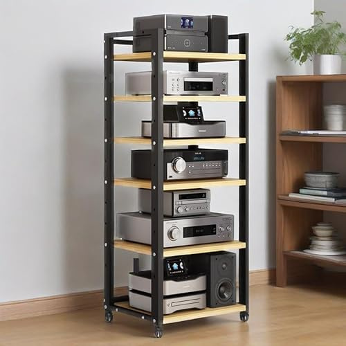 6 Tier Audio Rack Tower, AV Media Stand with Lockable Wheels for Stereo Receiver and CD Player Equipment, Compact Home Storage Solution