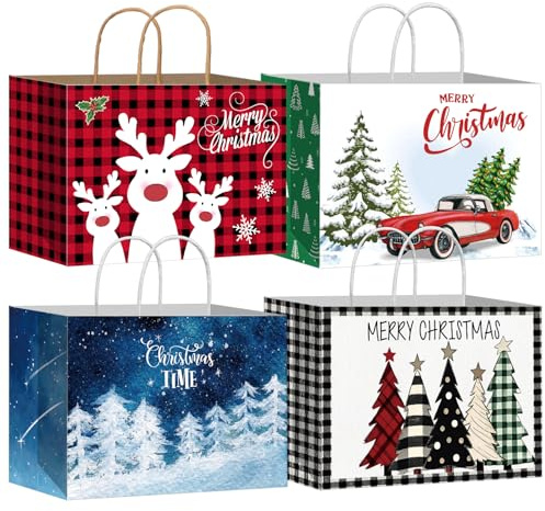 DECHISY 12 Stück Geschenktüten Weihnachten Groß xxl, Weihnachtstüten mit Griffen, Weihnachts Geschenktüten mit 4 Designs, perfekt für Weihnachten Neujahr Dekorationen, 43x32x18cm