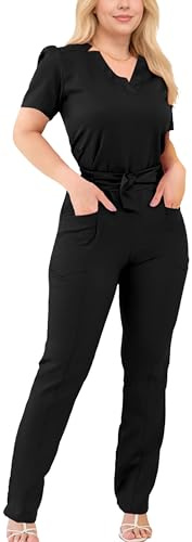 Ausing Uniforme médical avec nœuds Noir S Col en V Blouse Tunique à Manches Courtes Pantalon Tenues de Soins Infirmiers