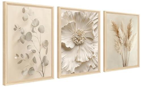 3 st inramad kanvas väggkonst beige blomma pampas gräs canvas tryck kräm eukalyptusblad blommiga bilder för vardagsrum sovrum matsal hall väggdekor 120 x 60 cm (16 tum x 24 tum x 3 st) (inget