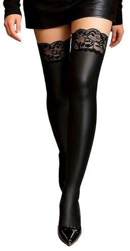 comeondear PU-Cuir Bas pour Porte-Jarretelles Femme Sexy Grande Taille Dentelle Bas Autofixants Chaussettes Hautes de Cuisse Élastique Collants Lingerie Tenue Clubwear Halloween Costume Cosplay XS-5XL