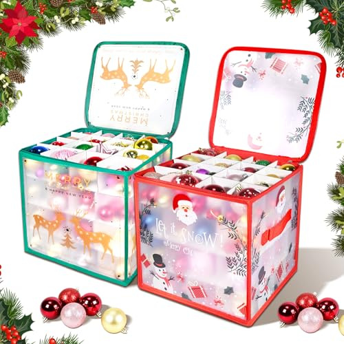 2 Aufbewahrungsbox für Weihnachtskugeln, Weihnachtskugel Box mit Weihnachtsmann & Elch, 64 Fächer Christbaumkugel Tasche, Weihnachtskugeln Aufbewahrung, Verstellbaren Trennwänden & 2 Reißverschlüsse