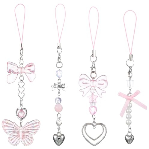 Cobee 4Pcs Cute Bow Phone Charm, Pink Phone Charm, Butterfly Phones Strap Aesthetic Beaded Camera Strap Lanyard, Y2K Phones Accessories or Bag Purse Backpack Camera Decor