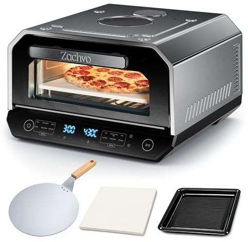 ZACHVO Pizzaofen Elektrisch 450 °C für Pizza in ca. 90 Sek., bis 33 cm | Multifunktionsofen mit 6 Pizza-Programmen & 6 Kochmodi, Profi-Koch-Modus, Sichtfenster & Innenbeleuchtung