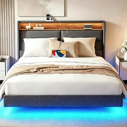Fulasofia Floating King Size Bed Frame with Upholstered Storage Headboard, 5ft King Bed Frame with Charging Station and LED lights, 150 x 200 cm Modern Platform Bed, Grey