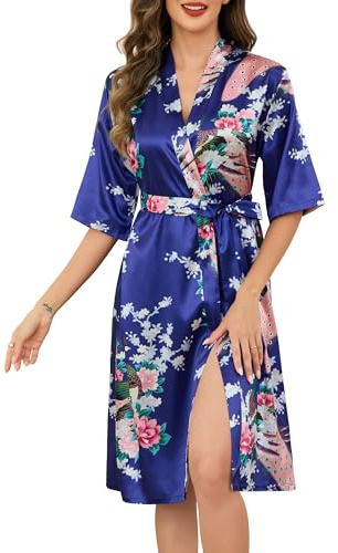 Vlazom Women Satin Dressing Gown Long Silk Kimono Robes Peacock and Blossoms Bride Robe for Wedding Party S-XXL