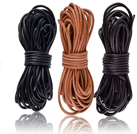 SOSMAR 3 Rolls 5M X 2MM Cowhide Round Leather Cords Rope String for Bracelet Necklace Jewelry Making Lanyards DIY Crafts, Black, Dark Brown, Natural Brown Top Grain Leather Cord