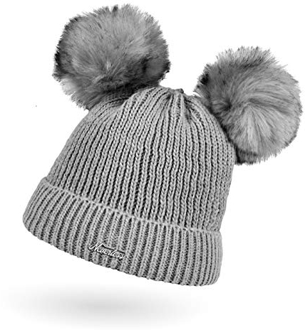 Neverless® Kinder Mädchen Strickmütze Zwei Bommel Kunstfell Doppelbommel Bommelmütze Wintermütze Pudelmütze Rippstrick hellgrau Unisize
