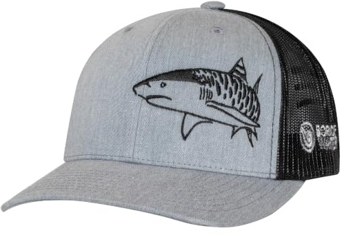 Tiger Shark Scuba Diving Trucker Hat: Mens Adjustable Snapback for Fishing, Spearfishing - Heather Gray/Black/Black