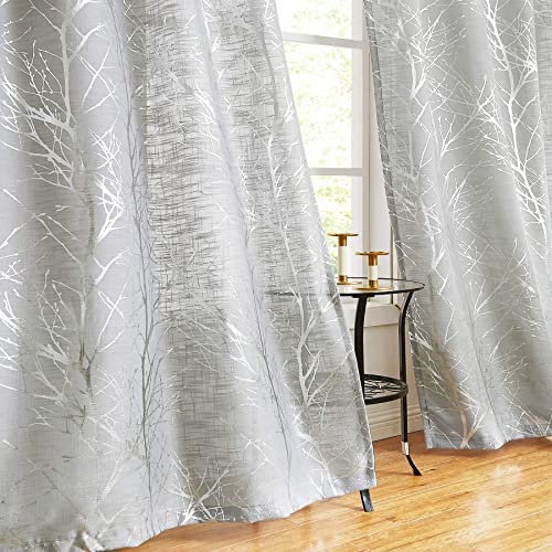 Fmfunctex Grey Silver Semi Sheer Curtains for Bedroom 90 Drop Voile Curtain for Living Room Branch Foil Eyelet Linen Textured Light Filtering Window Curtain Drapes for Dining Room 2 Panels