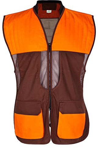 AUSCAMOTEK Upland Field Vest for Deer Bird Hunting with Brown and Blaze Orange, Adjustable, Multiple Pockets, and Recoil Pad M/L