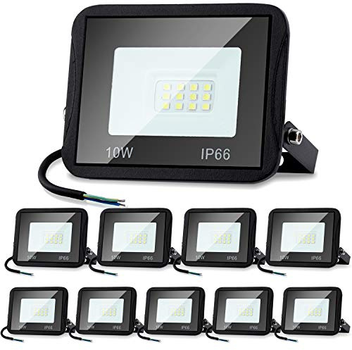 Lospitch Projecteur LED Extérieur, 10 Pièce 10W Blanc Froid 900LM Superlumineux Spot LED 6000K d'éclairage de sécurité, IP66 Imperméable Eclairage Exterieur pour Cour, allées(sans prise)