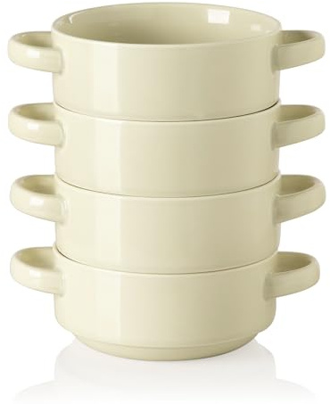 Sweejar Ceramic Soup Bowls with Double Handles, 20 Oz Stacked Bowls for French Onion Soup, Cereal, Pot Pies, Stew, Chill, Pasta, Set of 4(Beige)