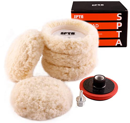 SPTA Wool Polishing Pad, 5Pcs 3(75mm) 100% Natural Wool Buffing Pad with 1Pc Hook&Loop Backing Pad, 1Pc Extension Shank for Drill Polisher Cutting, Car Body Repair Buffing