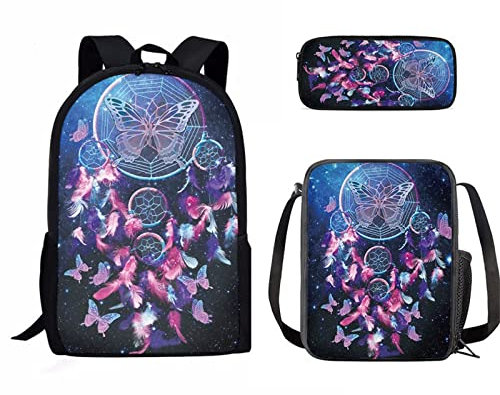 Binienty Rucksack für Kinder Jungen Mädchen Schule Büchertasche mit Lunchbox und Federmäppchen Büchertasche Set für Grundschule, Traumfänger Schmetterling 2, Einheitsgröße