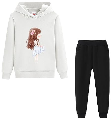 LSHDCER Jogginganzug Mädchen Freizeitanzug 2tlg Bekleidungsset Kinder Sportanzug Trainingsanzug Outfit-Set Sweatjacke & Sweathose, Weiß+Schwarz, 134-140 (Etikettengröße: 140)