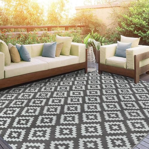 Homcomodar Alfombra de Exterior Gris 120x180cm Resistente a los Rayos UV Alfombrilla de Camping Reversible Alfombrilla de Plástico de Paja Reciclado Alfombra Exterior para Patio Balcón Playa