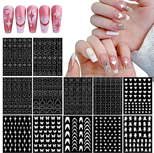 JSRQT 12 feuilles d'autocollants pour nail art, autocollants pour nail art, papillon, fleur, French Nail Art, guides de manucure pour femmes et petites filles