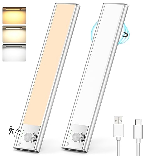Lureshine Unterbauleuchte Küche LED, 76LEDs Schrankbeleuchtung mit Bewegungsmelder 3 Farbmodi Dimmbar, Led Leiste Batterie USB Wiederaufladbar Schranklicht Schrankleuchte für Kleiderschrank-2 Stück