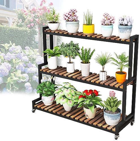 LIGUOYI Scaffale Porta Piante Con Struttura Di Metallo 80cm 100cm 120cm Porta Piante Vasi Scaffale 2 Livelli 3 Livelli Espositore Per Fiori Con Ruote, Scaffale A Scalas, Ripiani In Legno