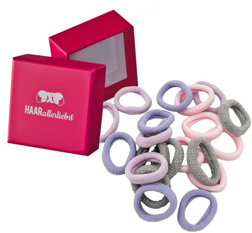 HAARallerliebst® 20 Stück bunte 30mm kleine Haargummis für Mädchen - mini baby Zopfgummis inkl Box - idealer Haargummi Haarschmuck für Kinder und Damen - elatisch soft - Rosa Flieder Lila Silber