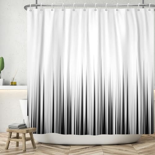ASDCXZ Schwarz Weiss Duschvorhang 180x200 cm, Modern Einfachheit Schwarz Weiß Verlauf Waschbar Bad Duschvorhänge Polyester Textil Wasserdicht Duschvorhang für Badewanne mit 12 Haken