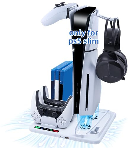 Wigearss Ventilateur Charge de Refroidissement pour PS5 Slim, Support de Charge Vertical avec Vitesse de Ventilation Réglable sur 3 Niveaux et Support de Carte de Jeu pour PS5 Slim (Pas pour PS5/Pro)