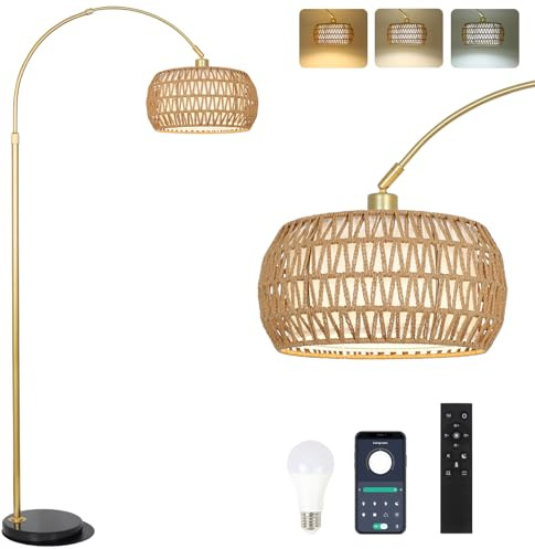 Gold Floor Lamps for Living Room, Arc Floor Lamp with Remote & Dimmable Bulb, Boho Rattan Standing lamp with 3 Color Temperatures, Height Adjustable Tall Lamp for Bedroom, Over Couch Reading Lamp