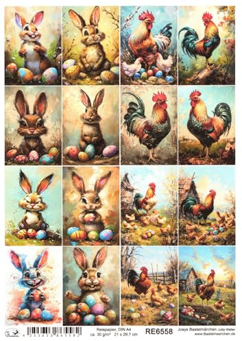 Josys Bastelmärchen Reispapier A4 Strohseide Decoupage Ostern lustige Hasen für Kinder Comic RE6558