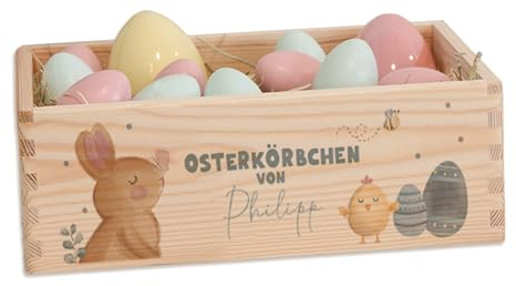Personalisiertes Osterkörbchen - Osterkiste mit Namen - Osterkörbchen mit Aquarell Druck - hellomini - Osterdeko - Geschenk Ostern - Geschenk Junge - Geschenk Mädchen (Junge S)