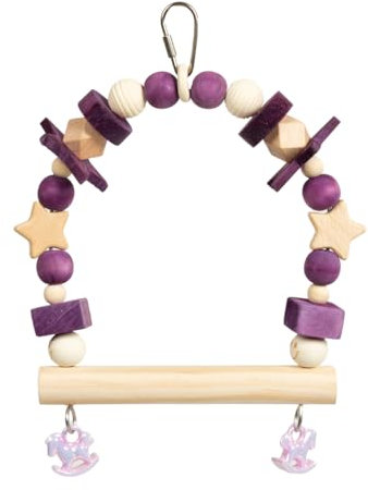 HappyBird | Lavender Perch Swing - Vogelschaukel für kleine Papageien und Sittiche | Naturholz mit lila Kugel- und Sternchendesign | ca. 15 x 19 x 5 cm