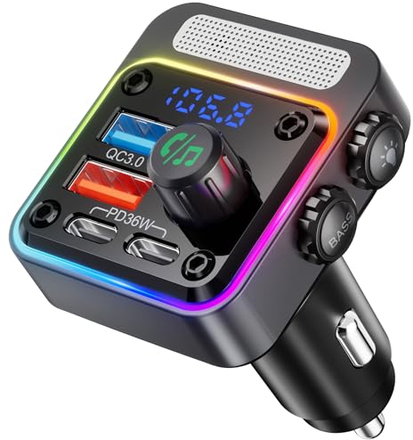 NULAXY 54W Bluetooth 5.3 Adapter Auto mit 4 Ladeanschlüssen [PD 36W & QC3.0 18W], Drahtloses Radio FM Transmitter für, Deep Bass Player, 5 Farben LED Hintergrundbeleuchtung, Handfreie Anrufe, Schwarz