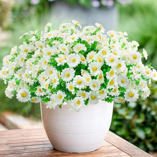 Bacucine 12 Bundles Artificial Daisies Plastic Flowers Fake Daisy for Outdoors Faux Plants for Home Window Box Hanging Planter Garden Decor (White)