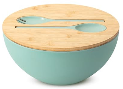 BAMBOO LAND - Saladier avec couvercle et ustensiles en bois, 6,5 l, bol à salade en fibre de bambou avec couverts pour cuisine, bol de couleur turquoise