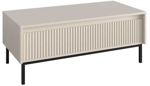 Mirjan24 Couchtisch Ozmi 1SZ mit Schublade (Cashmere) | Kaffeetisch mit geriffelter Front, Push-to-Open-System und Metallgestell für Fernbedienungen, Zeitschriften und Zubehör