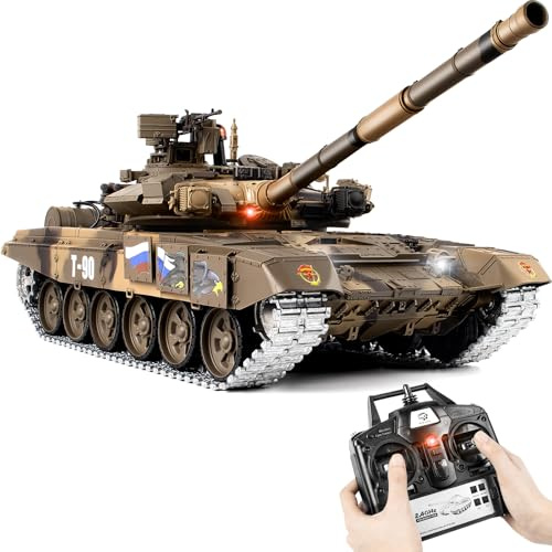 Supdex 1/16 RC Tank, Heng Long Russian T90 Army Toy with Smoke, Sound and Lights, 2.4G Remote Control Tank That Shoots with Upgraded Metal Tracks, Idler and Sprocket Wheel, Steel Gearbox, Batteries*2