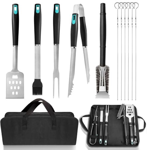 BlueMars 12-Piece BBQ Tool Set with Storage Case – Heavy Duty Stainless Steel Spatula, Fork, Tongs, Basting Brush, Cleaner & Skewers for Outdoor Cooking