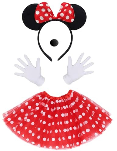 KEELYY Damen Maus Mouse Kostüm Rot Tutu Tüllrock mit weiß Gepunktet + Maus Ohren Haarreifen + Handschuhe + Nase, Faschingskostüme Damen für Fasching Karneval Mottoparty Cosplay